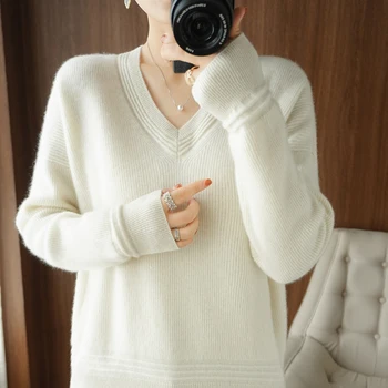 Jesensko-zimska ženska nova odjeća od 100% vune, pletene однотонный pulover s V-izrez, topla bluzu s teksturom
