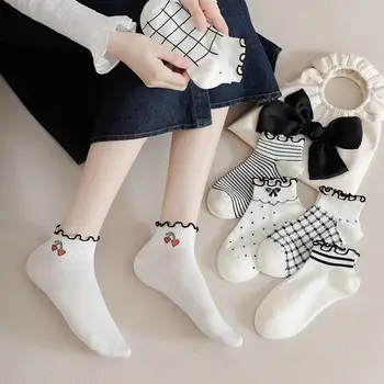 Ženske čarape, Proljeće-ljeto Tanke prozračne čarape, Bijele čarape s плиссированным ruba, Slatka čarape u kavez u фруктовую strip