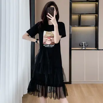 Crno Сетчатое Haljina u stilu patchwork Za Žene, Ljeto 2023, Novi Modni Suknju srednje Dužine Sa Kratkim Rukavima