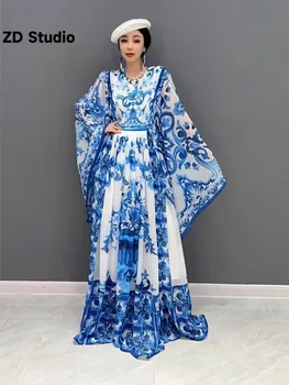 [ZD Studio] 2023, Ljetno Novu haljinu dugih rukava šifona s po cijeloj površini, Шинуазри, Plavo-bijela keramika, Ženska dužine do poda