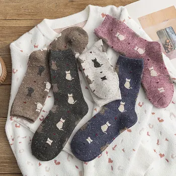 Jesen / zima topla čarape slatka mačka, japanski tople čarape u stilu Харадзюку, ženske čarape grašak, кавайные čarape srednje dužine