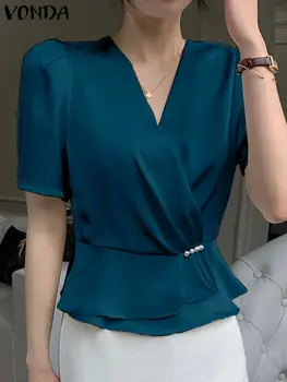 VONDA Elegantan ženski satin bluza 2023, Trendy Ljeto Seksi majicu u stilu OL s V-izrez, običan svilene majice, Svakodnevne nabrane košulje i