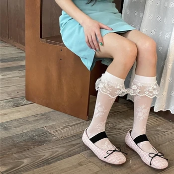 Japanski Duge čarape do telad Slatka Cvjetni čipkom za studentice, golfs do koljena s гофрированными nabora, čarape za žene, Izravna dostava