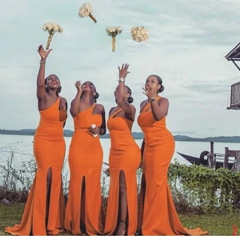 Narančasta Duge Haljine Djeverušama Sirena Na Jedno Rame S Prorezom Afrički Donje Svadba Haljina Za Prom