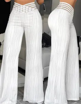 Elegantne Ženske hlače-zvono dno s visokim strukom, teksturom, s prelaze struk, od prozirnog mreže, ljetne Ženske radne hlače