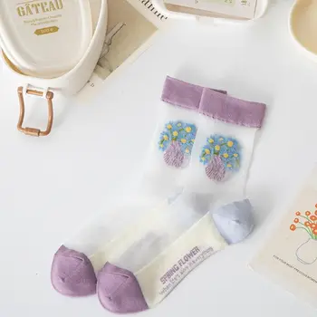 Впитывающие elastične prozirni najlon ženske čarape s floralnim elementima, Tanke čarape, чулочно-носочные proizvoda u korejskom stilu, čipke, kratke čarape