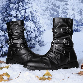 Zimske Crnci Moto cipele u stilu punk, Tople muške Kožne Visoke cipele s плюшем, Metal, rock-cipele na munje, Muške Veličine 38-45 hoge laarzen