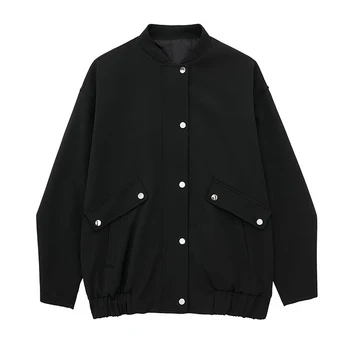 YENKYE 2023, ženska vintage jakna crna-бомбер оверсайз sa ventilom, dugi rukav, okrugli izrez, ženska jesen odjeća