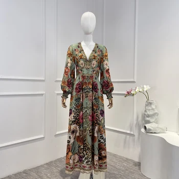 Svila 2023, Najnovija kolekcija, Kvalitetan Elegantan Ženski haljina Midi dugi rukav-svjetiljku i cvjetnim ispis, Dijamanti, visokim strukom