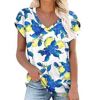 Ljetna slobodna Ženska majica kratkih rukava i V-izrez, Bijela modna ženska t-shirt s 3D ispis u obliku cvijeta, casual odjeća