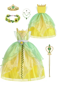 Dječji kostim princeze Тианы s likovima iz crtića, zelena suknja Vile, Odjeću za djevojčice, Dječji kostim za Maskiranje na Halloween, Karneval party