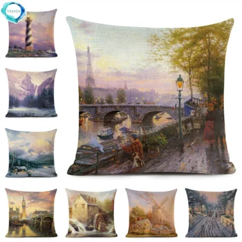 Gradski pejzaž, ulje na platnu, Хлопковая lanena jastučnica, Seoski, Jesen-zima, Art dekor, jastučnica, jastučnica za kauč