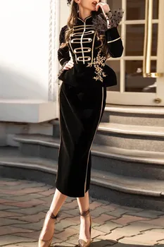 2023, Jesensko-zimskom Novi Ženski Modni Elegantne Odjeće u stilu slavne osobe, Elegantna večernja haljina s izvezenim kit od dva Predmeta, Crne...