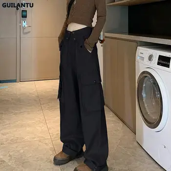 Korejski Ulične hlače-teretni, Jesenje ženske modne svakodnevne sportske hlače u stilu Харадзюку s visokim strukom, velike dimenzije S-2xl, široke duge hlače